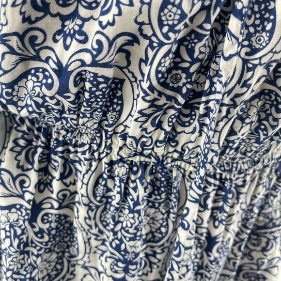 Mystree Blue White Paisley Boho Peasant Dress Large – Off Shoulder Long Sleeve - Picture 9 of 14